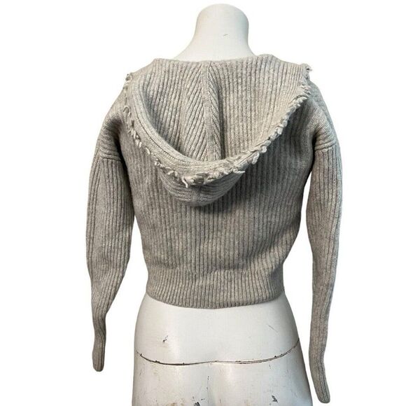 Ladies Small Gray Hooded Cropped Wool Cashmere Sweater Frayed Pullover Ribbed - Picture 3 of 7